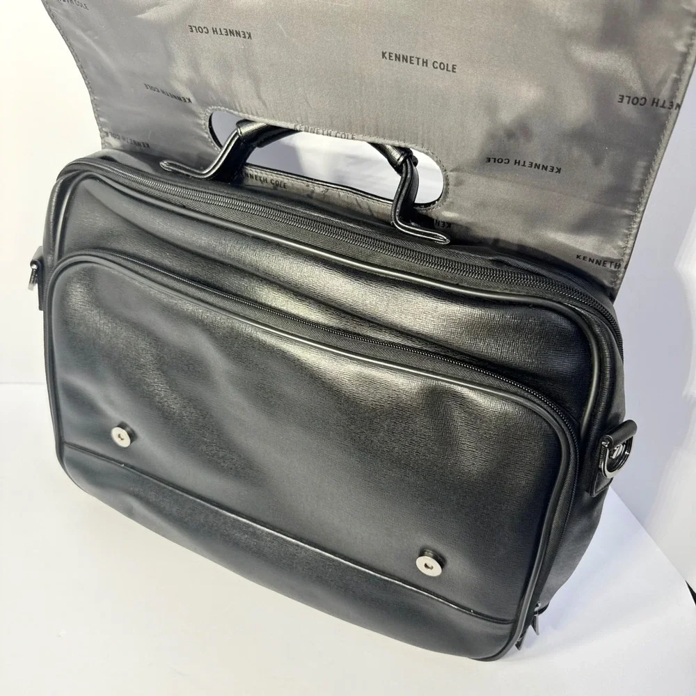 Kenneth Cole Reaction Mens Black Faux Leather Laptop Messenger Bag Briefcase